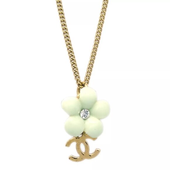 Chanel Flower Pendant Necklace Rhinestone Gold